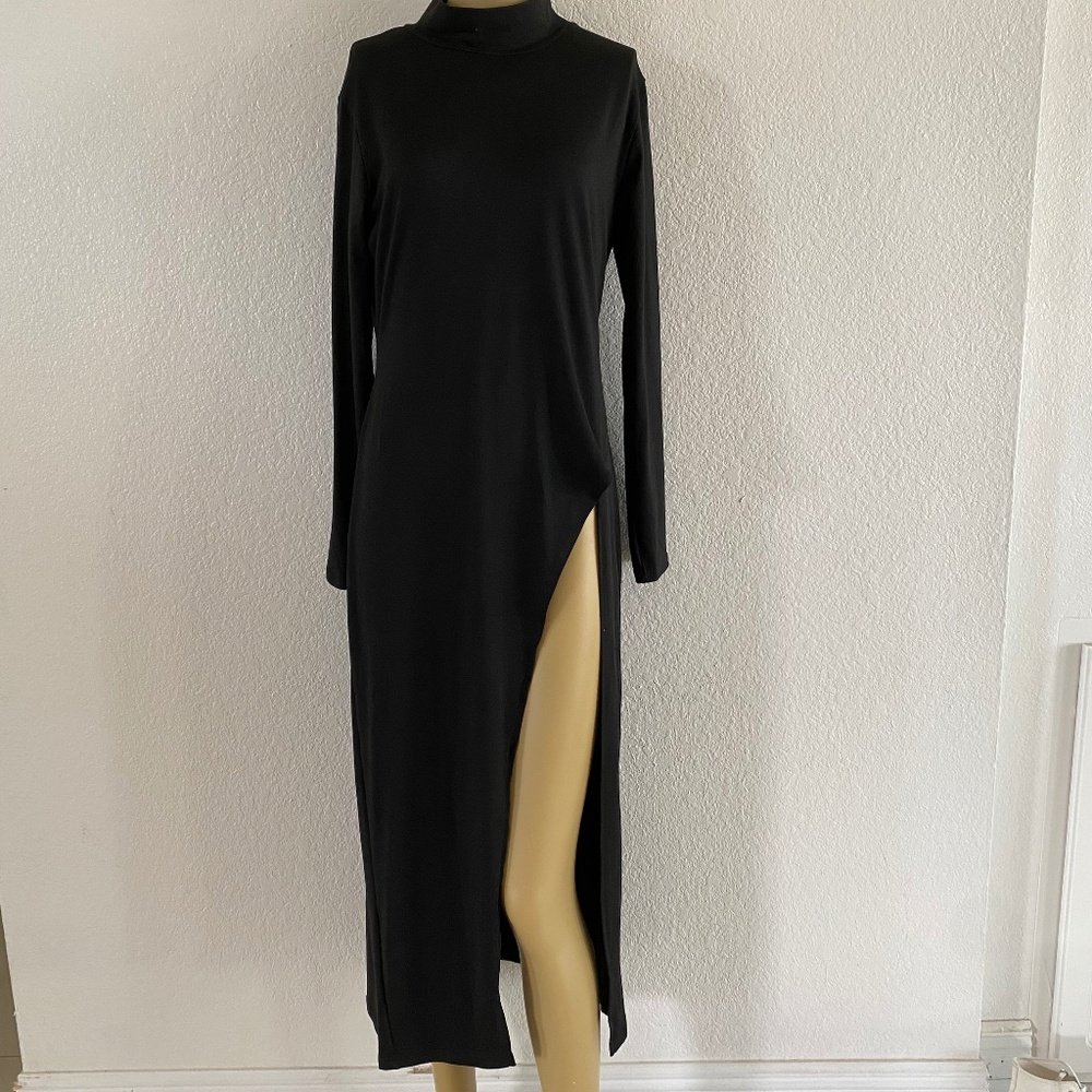 Black Slim Long Dress For women High Split Sz Large -214
